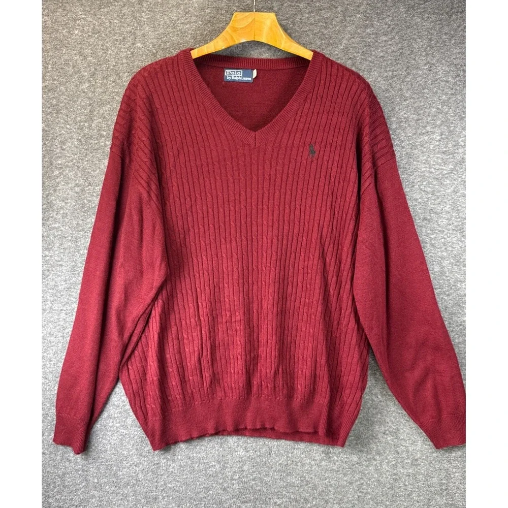Polo Ralph Lauren V-Neck Sweater Mens 4XL Burgundy Preppy Cable Knit Pullover